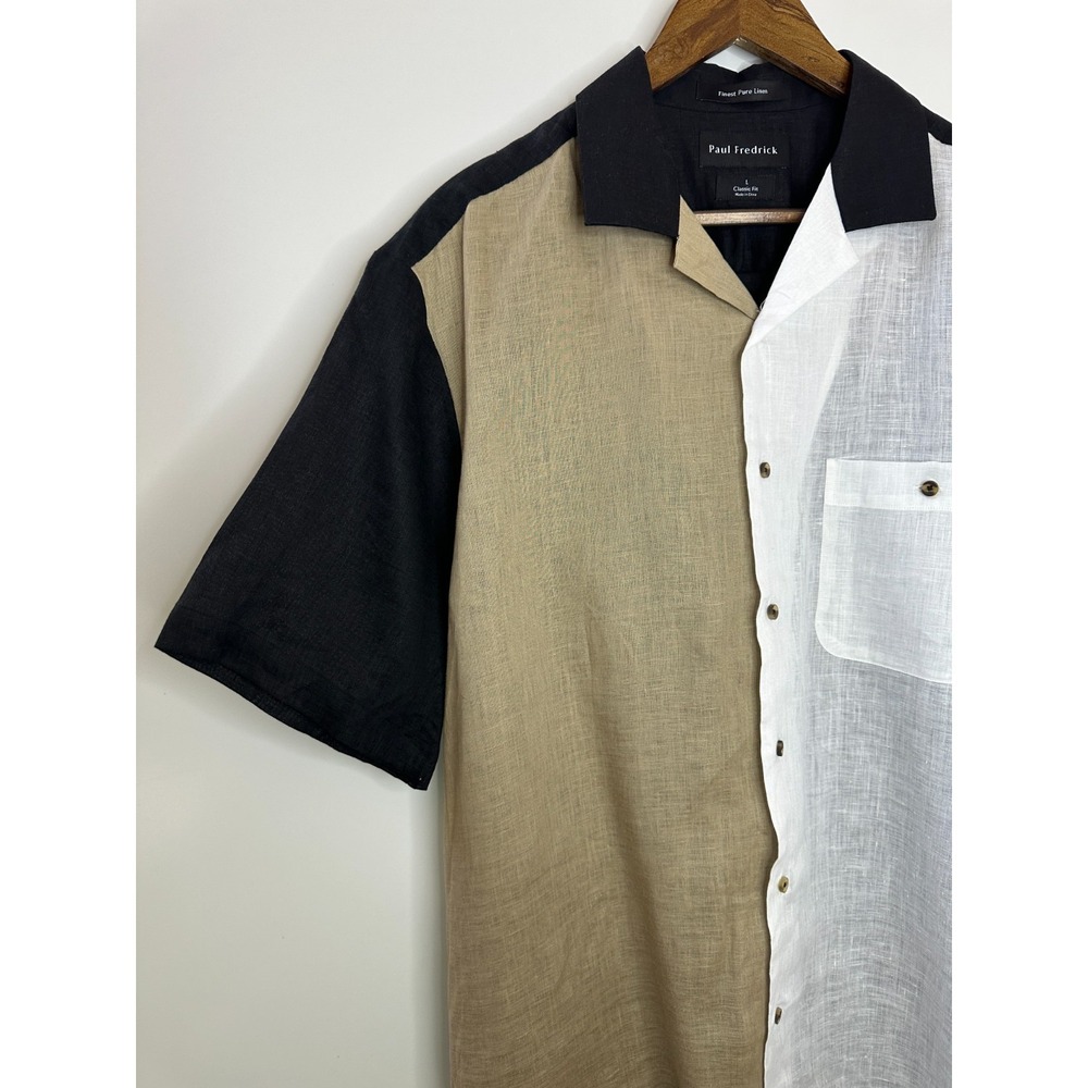 Paul Fredrick Linen Colorblock Short Sleeve Button Shirt Large Coastal Resort - Picture 3 of 10